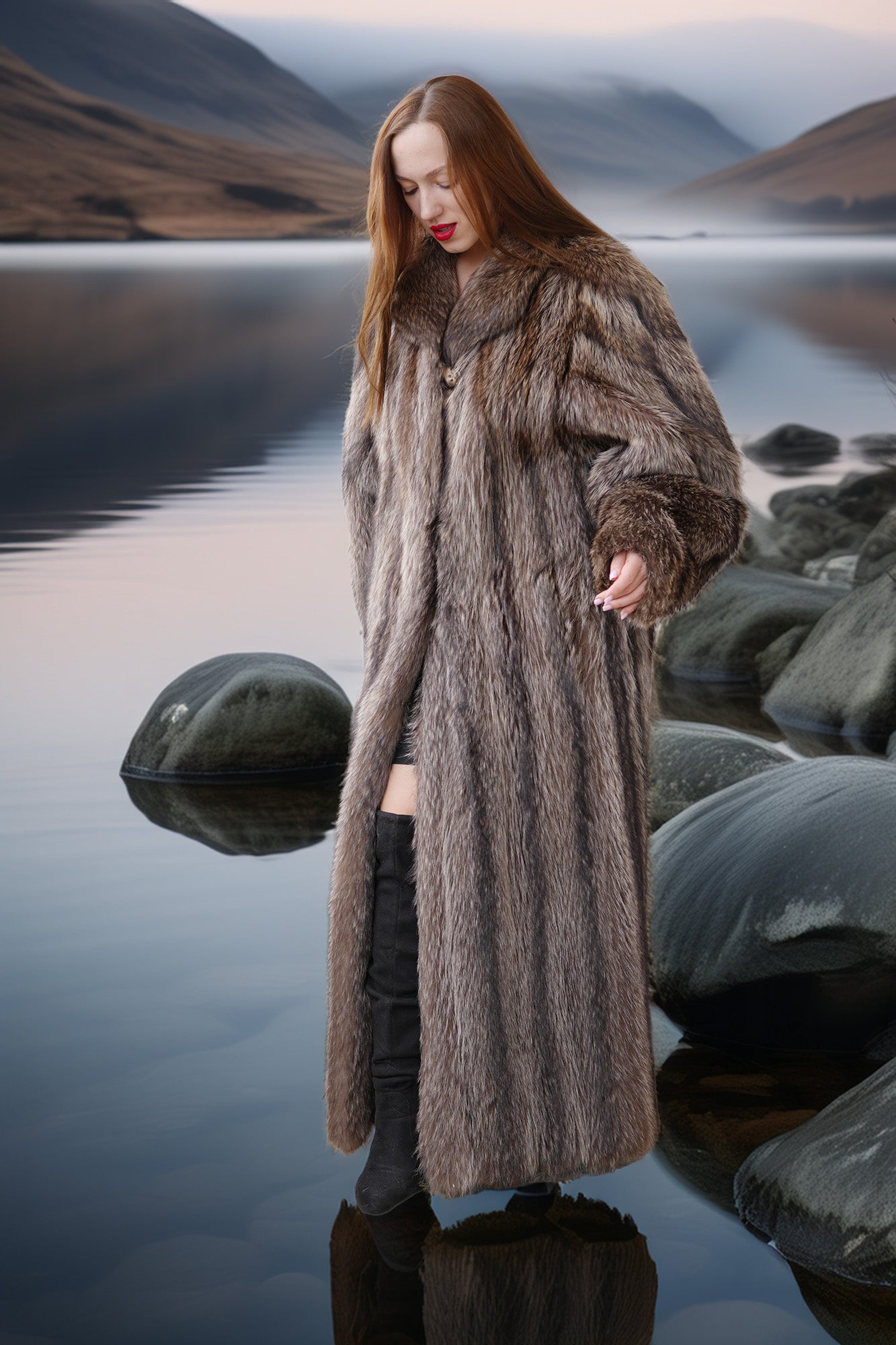 Woman in a fur coat standing by a lake with mountains in the background