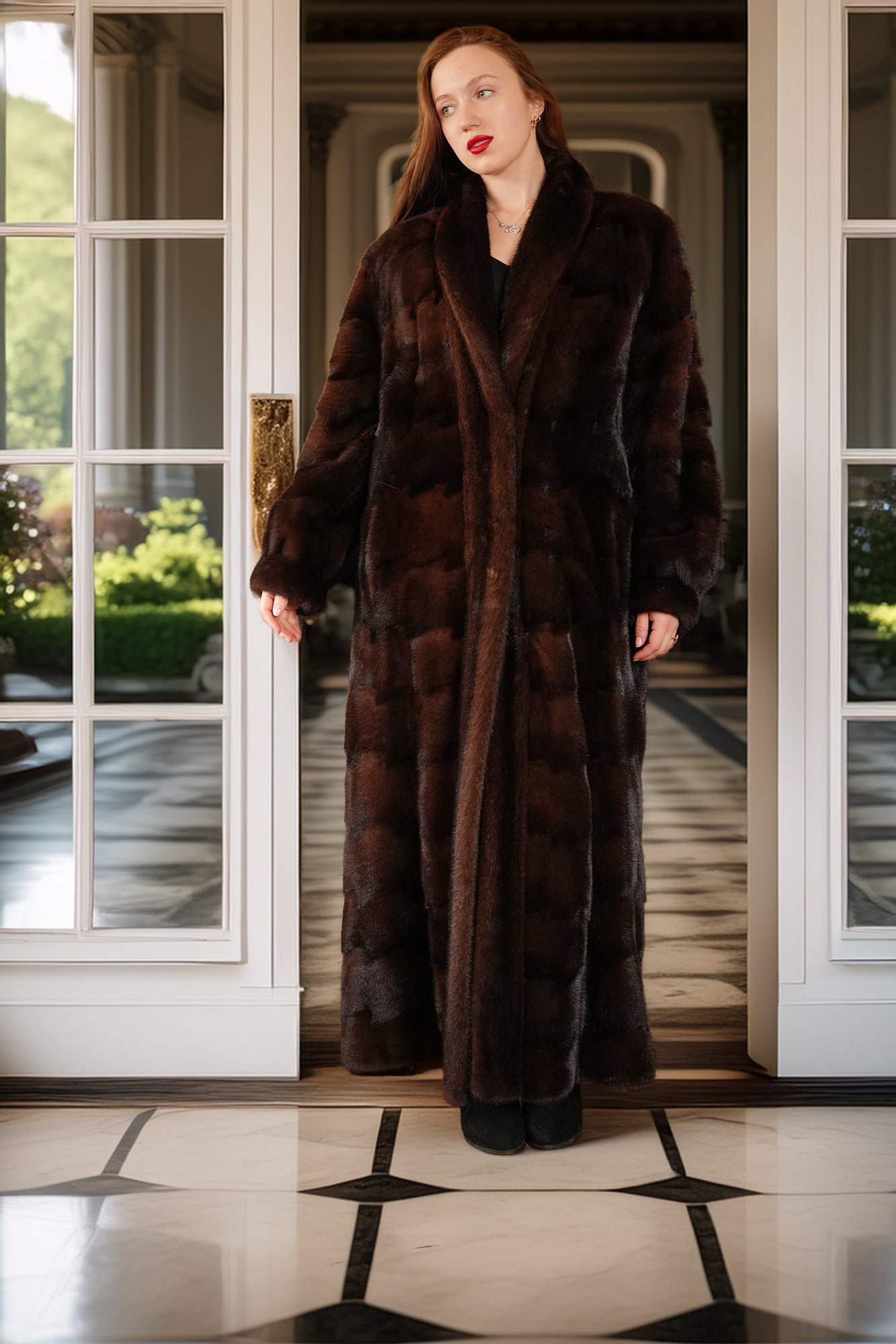Woman wearing a long brown fur coat standing in a doorway.