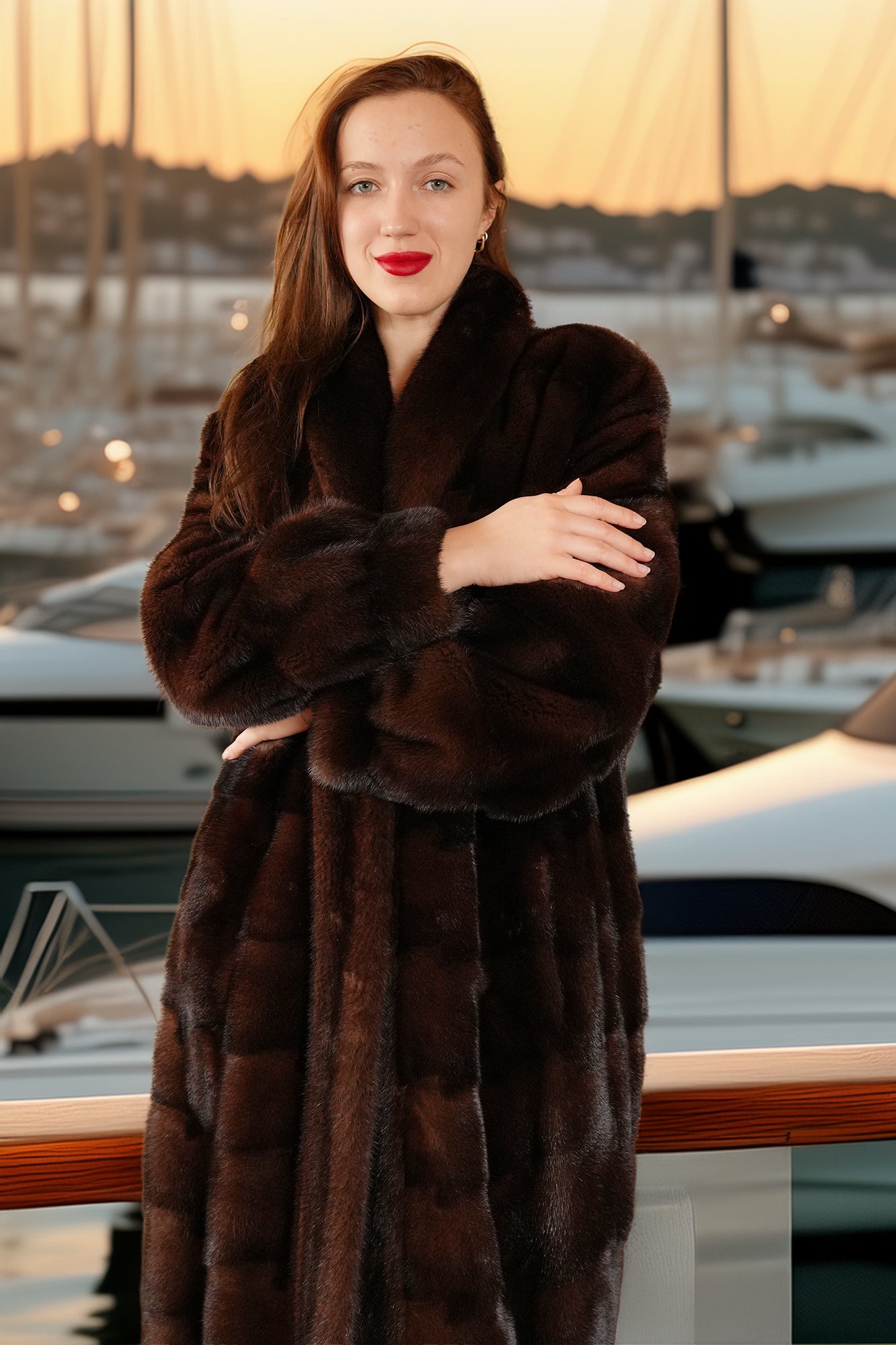 Woman wearing a brown fur coat standing by a marina with boats in the background.