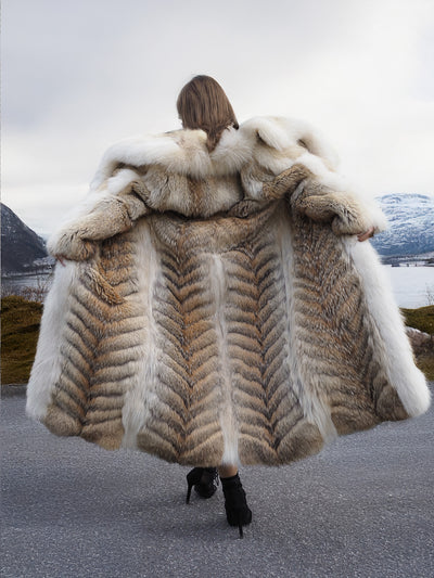 Back view of coyote fur coat with trim