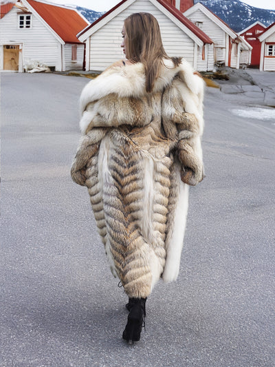 Model walking in coyote fur coat