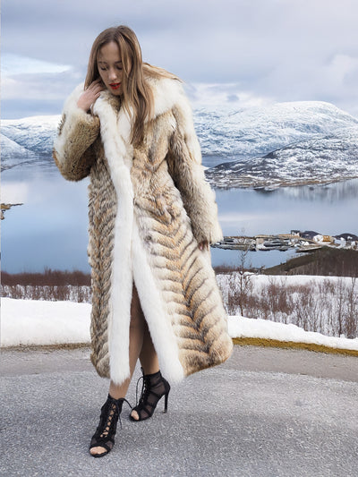 Coyote fur coat with plush shawl collar