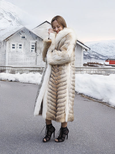 Coyote fur coat with elegant white trim