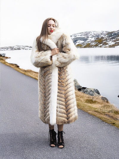 Warm coyote fur coat with shawl collar