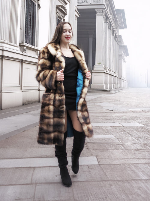 Fitch Vintage fur coat, horizontal striped fur panels with button front and long sleeves