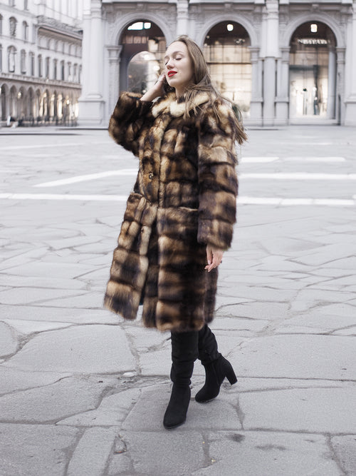 Vintage fur coat with horizontal striping, open look at front and long sleeves