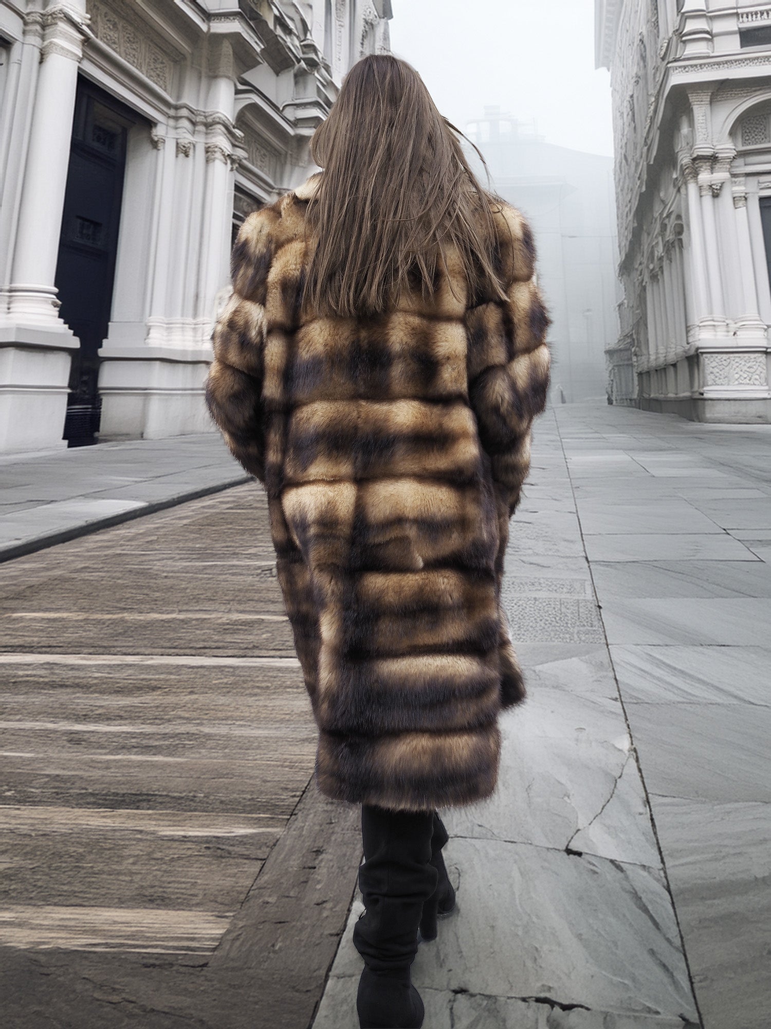 Back view of long fur coat with horizontal striped pattern and full sleeves