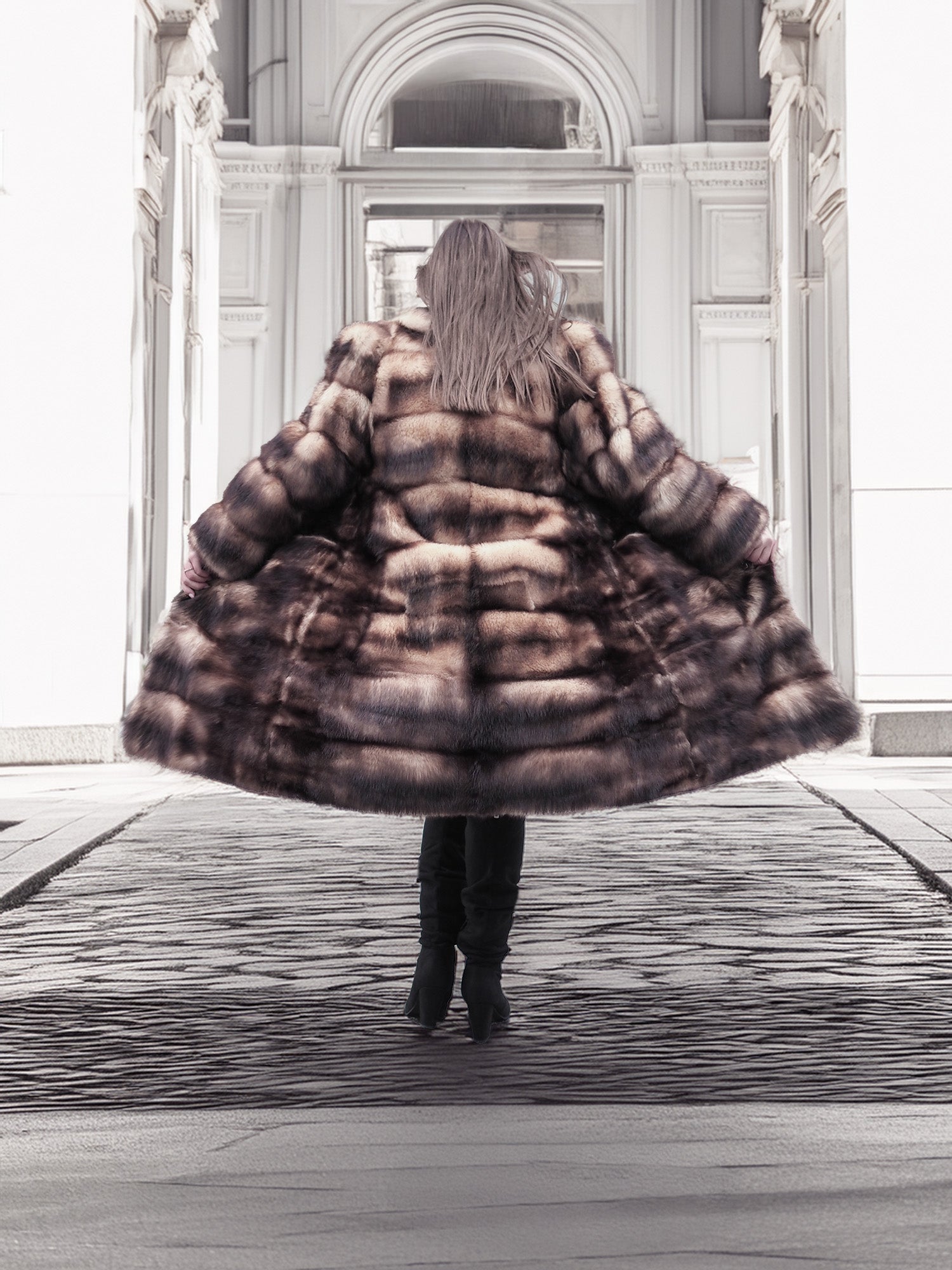 Horizontal fur coat, dark brown-and-tan plaid pattern, full length with hooded collar