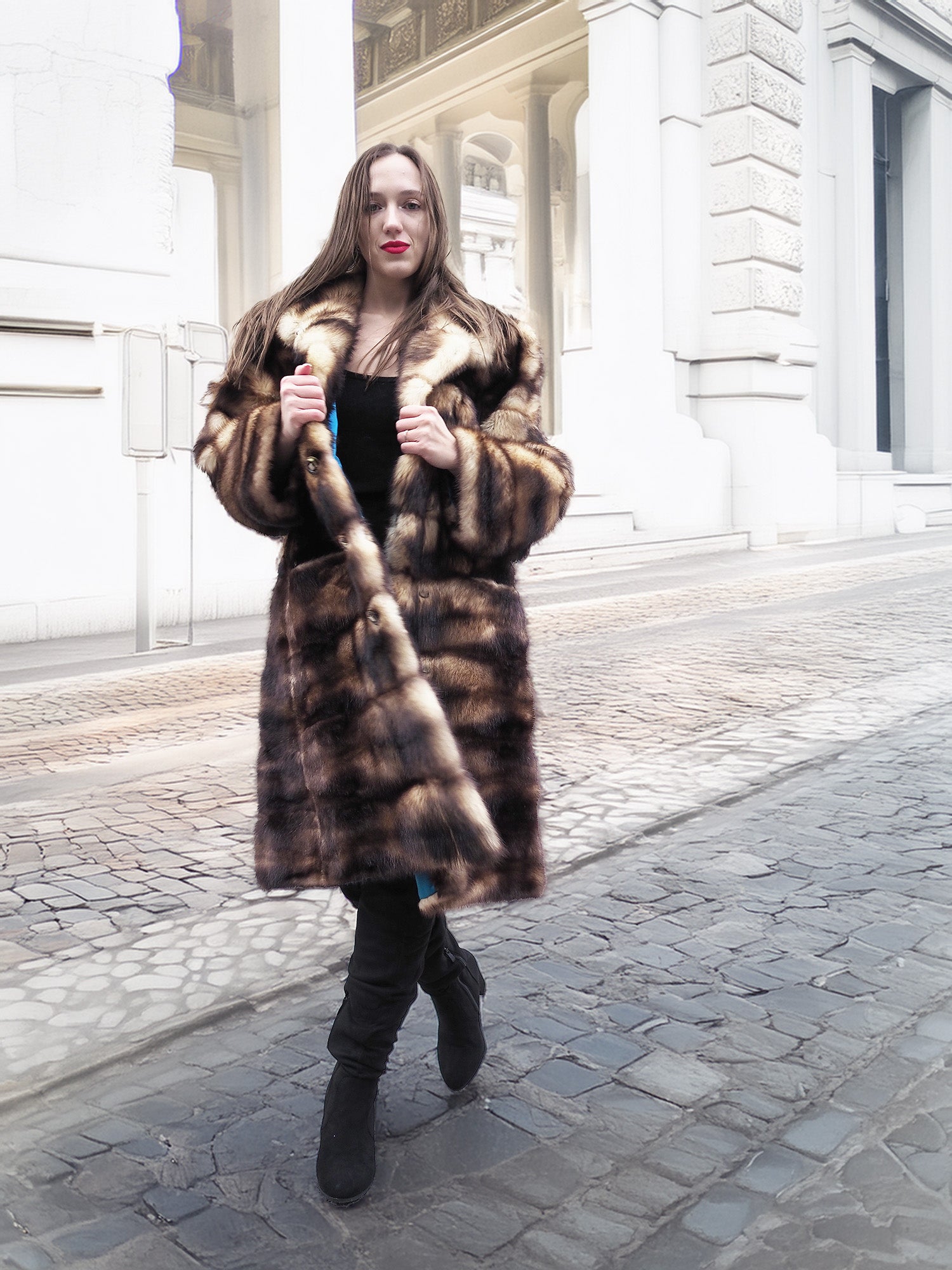 Vintage fur coat with large fur collar, dark brown and tan stripes, front view