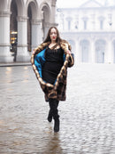 Fitch vintage fur coat with hooded collar, dark brown and tan, knee length