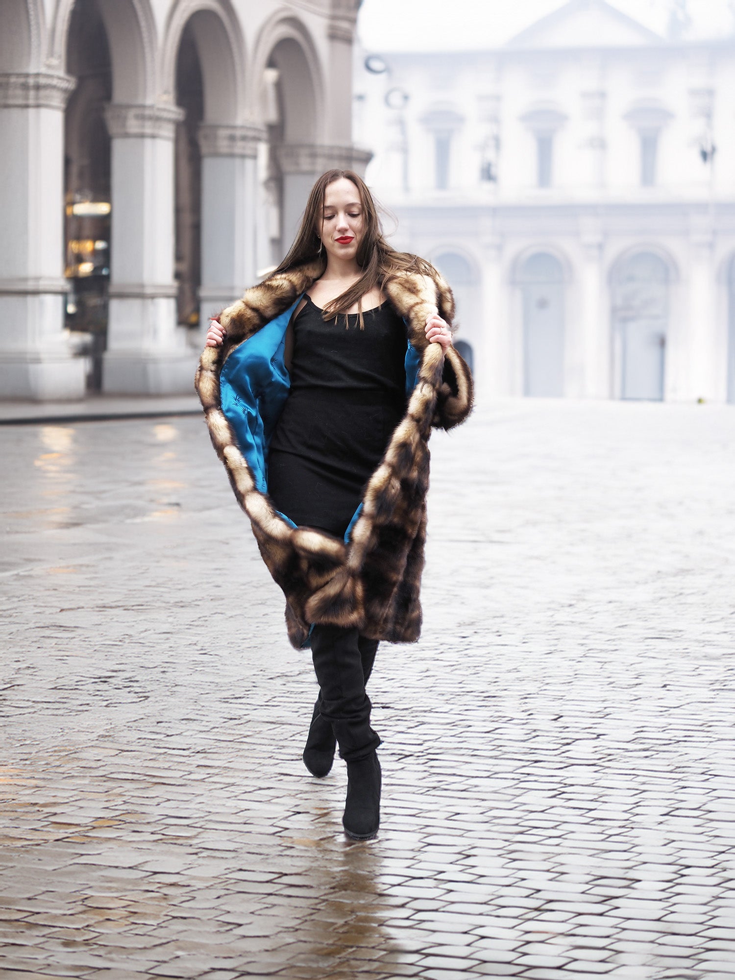 Fitch vintage fur coat with hooded collar, dark brown and tan, knee length