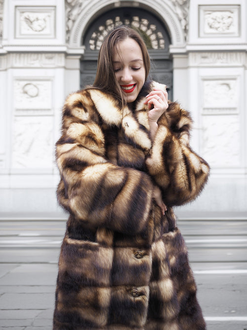 Fitch Vintage fur coat with horizontal striped pattern, front buttons and stand-up collar