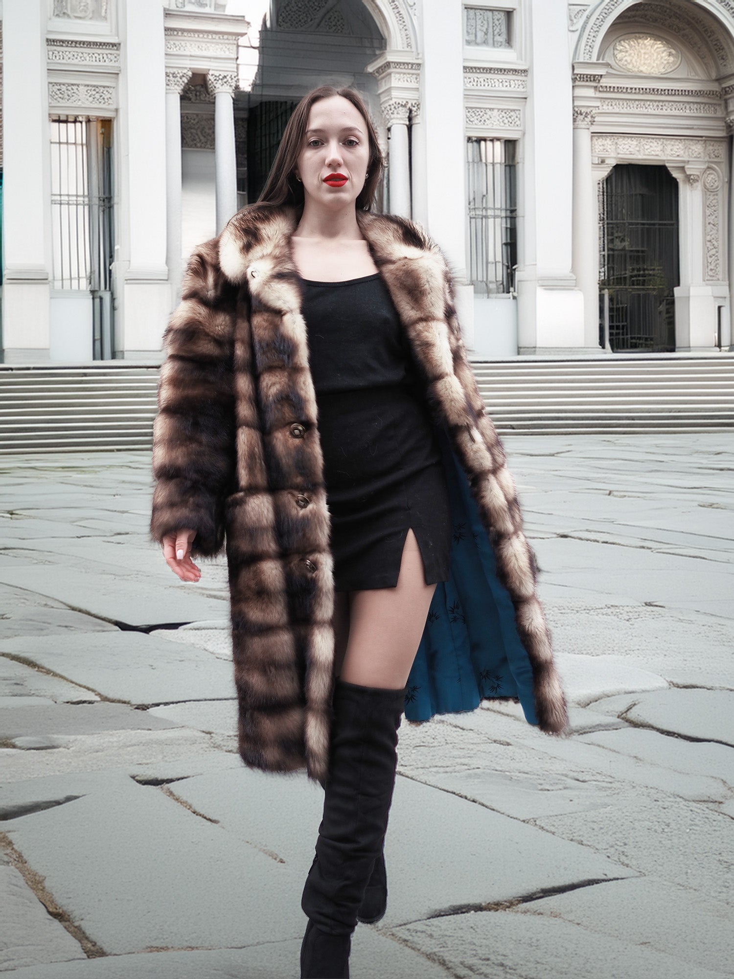 Horizontal striped fur coat with button placket and notched collar
