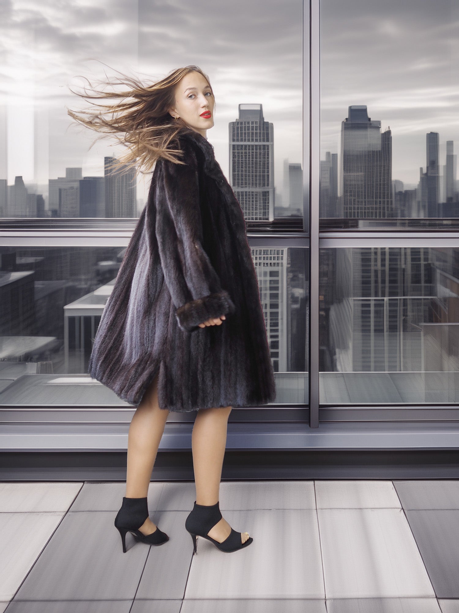 Woman in a fur coat standing on a rooftop with a cityscape in the background