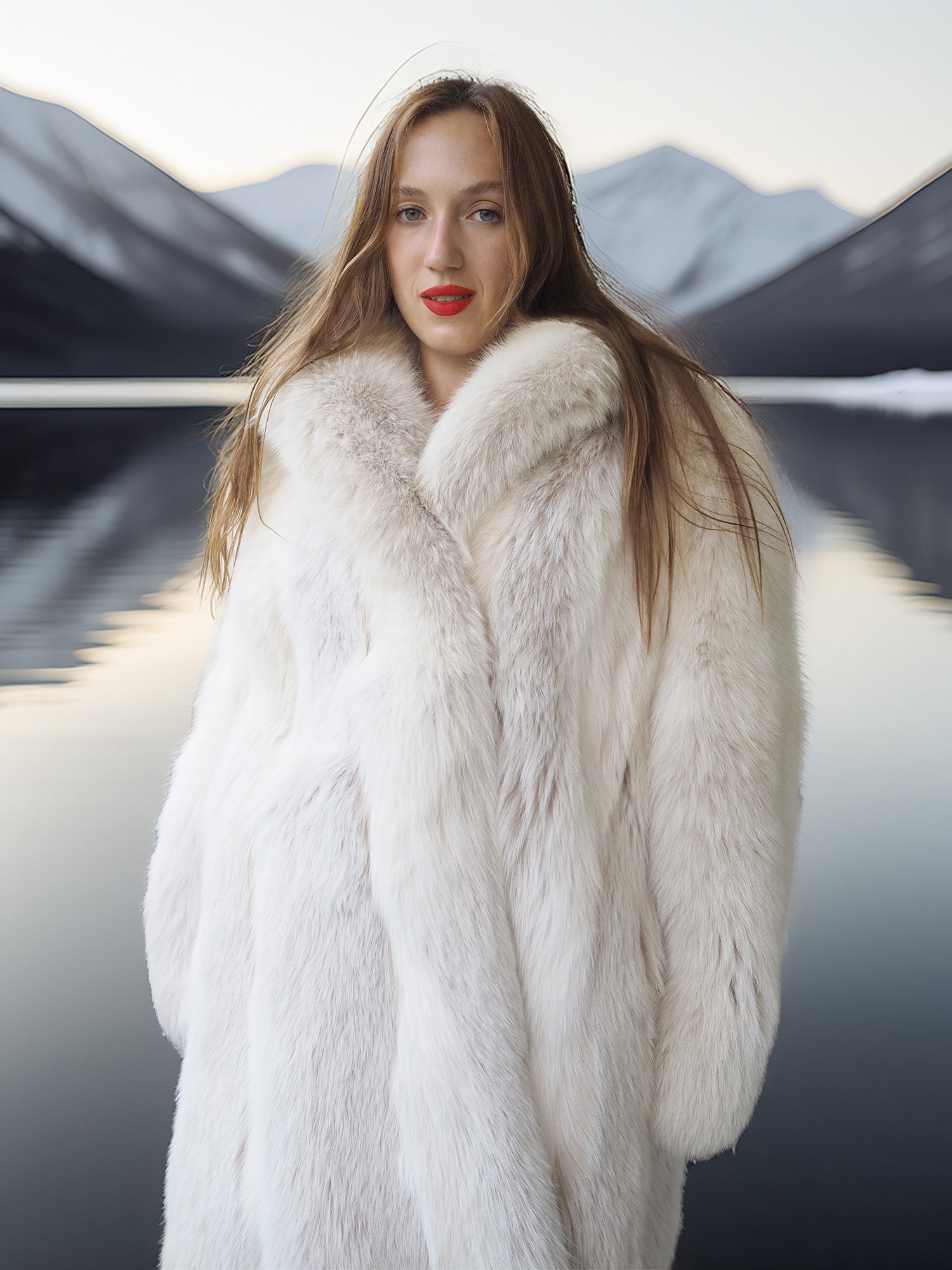 "Winter Queen" – White Fox Coat with Dramatic Collar and Voluminous Silhouette