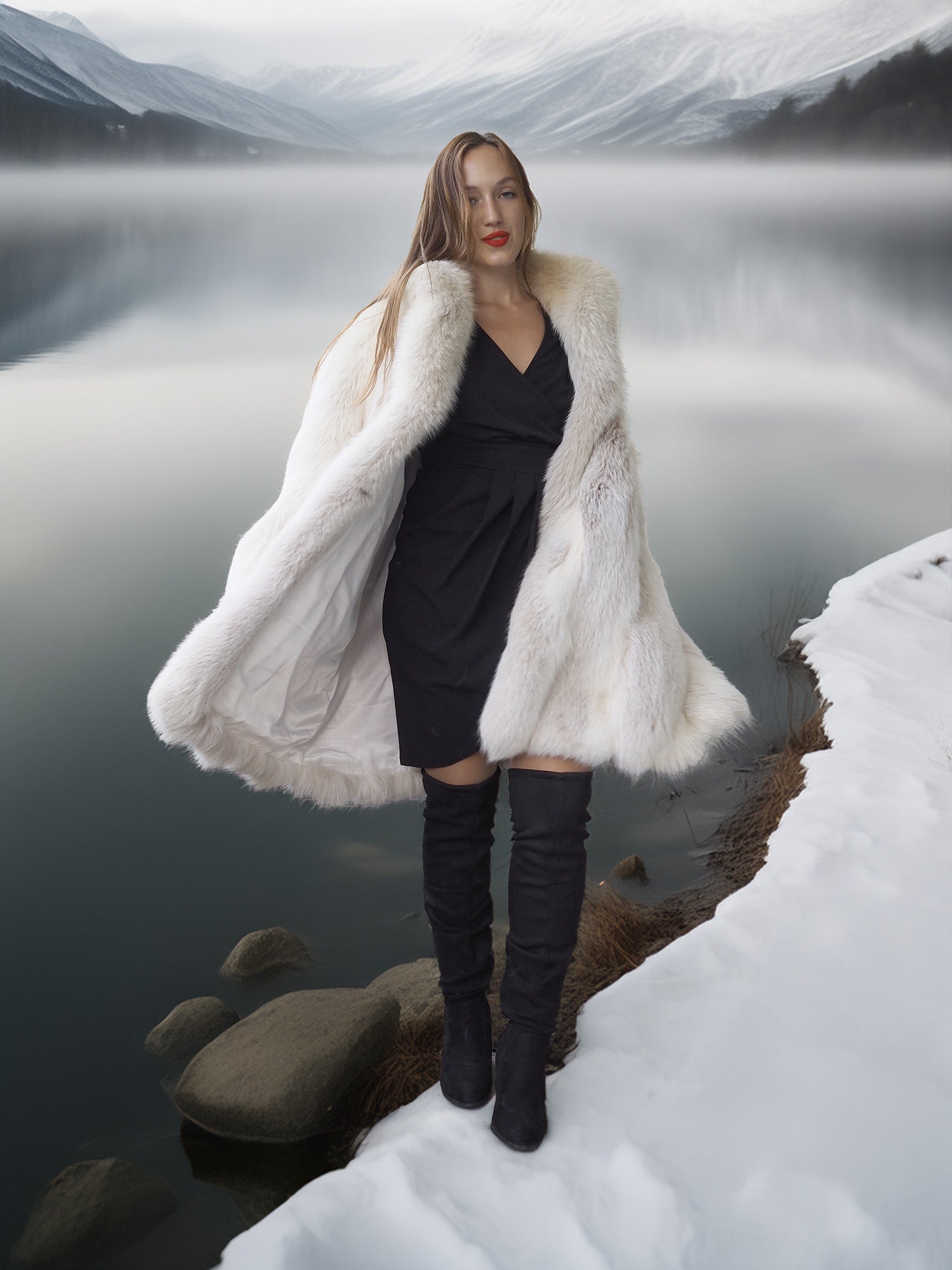 "Winter Queen" – White Fox Coat with Dramatic Collar and Voluminous Silhouette