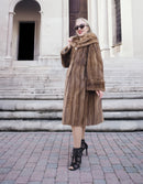 Vintage pastel Canadian brown mink fur coat, stylish woman posing on steps