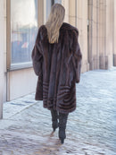Back view of mahogany mink swing coat XL/XXL showing plush fur and flared hem. Real fur coat for luxury winter styling.
