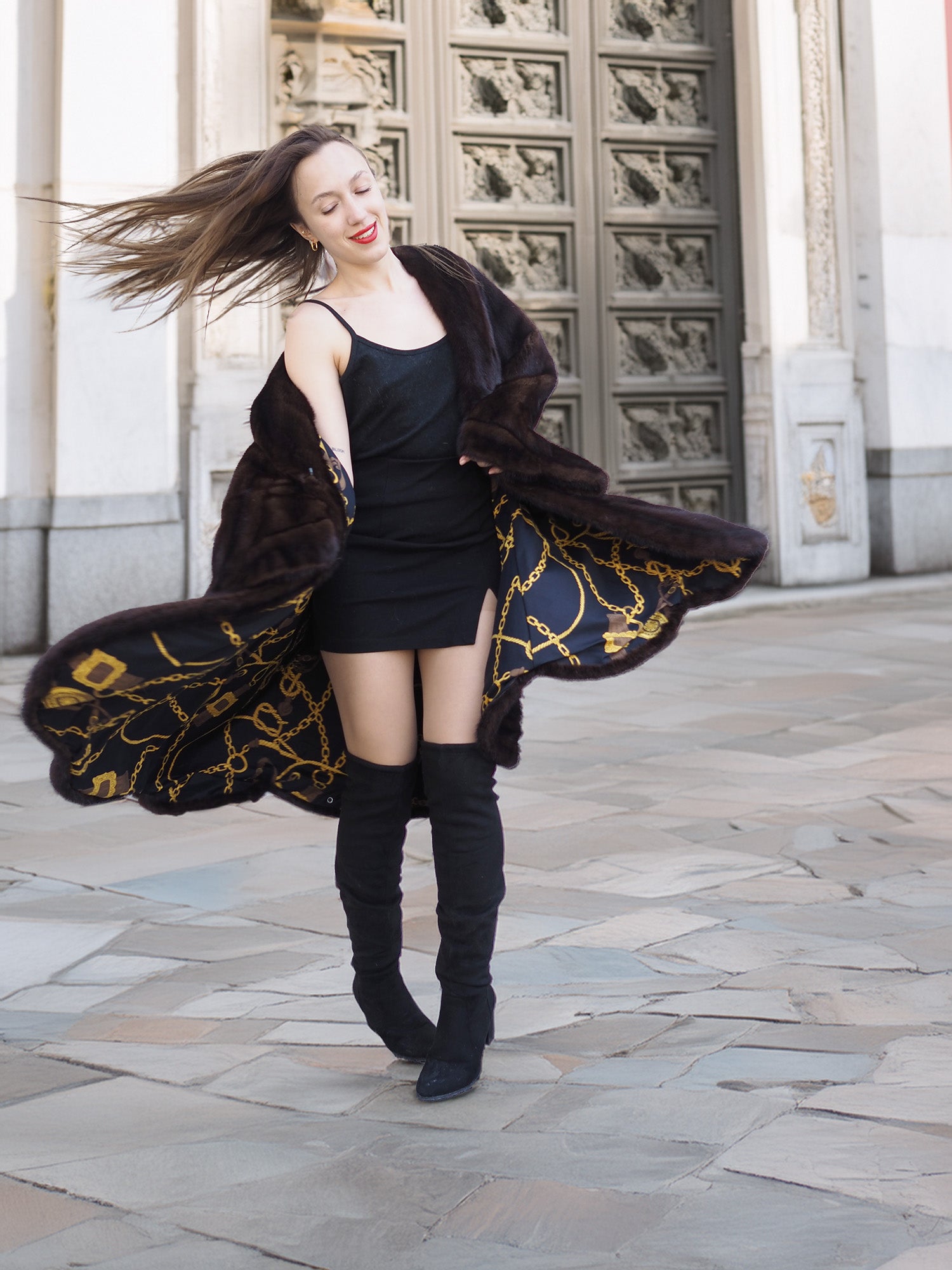 Gold baroque lining of mahogany mink swing coat XL/XXL shown mid-spin. Luxury fur coat with dramatic flair for winter fashion.
