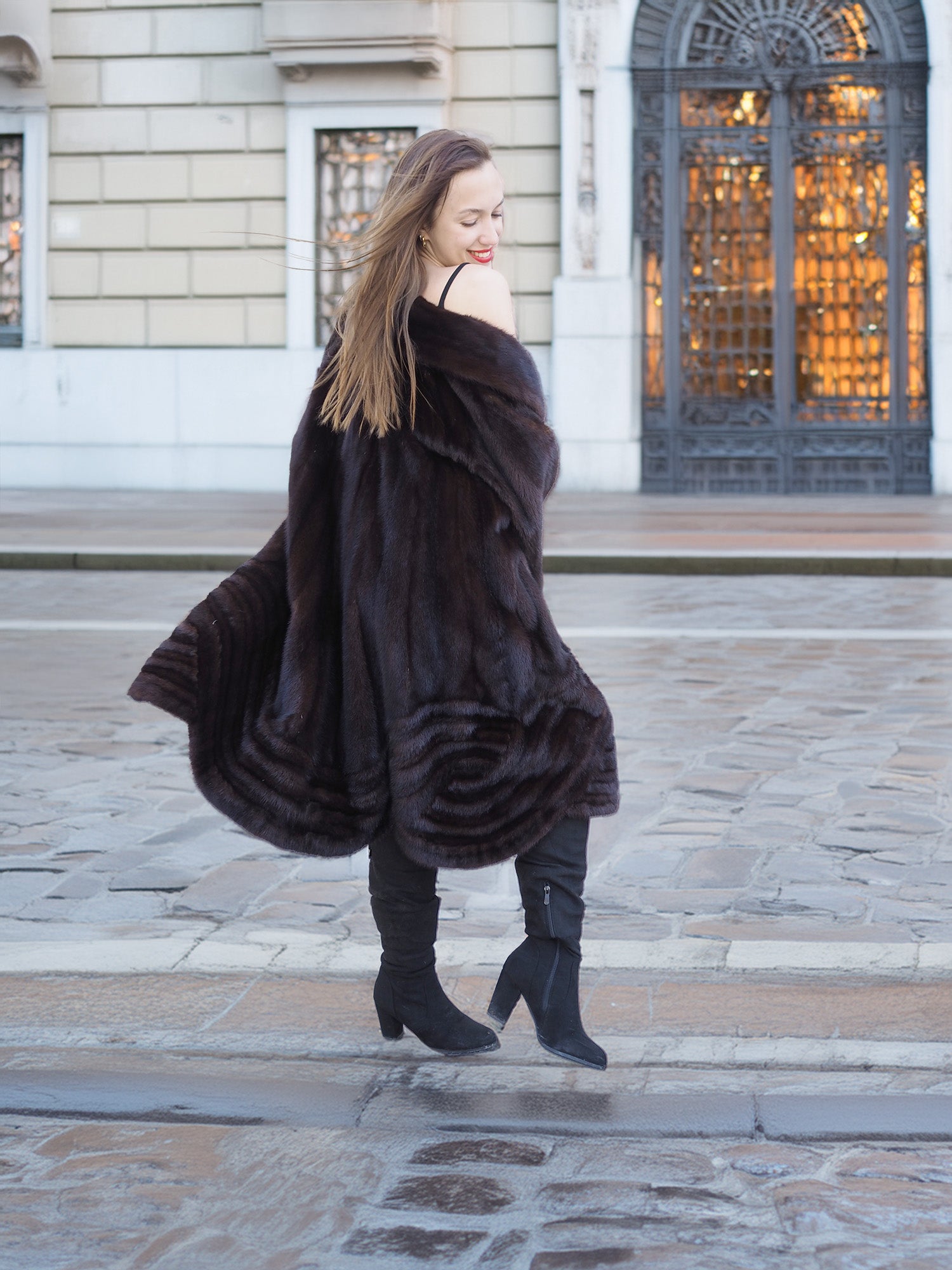 XL/XXL mahogany mink swing coat with rich texture and flowing silhouette. Luxury fur coat for stylish winter outerwear.
