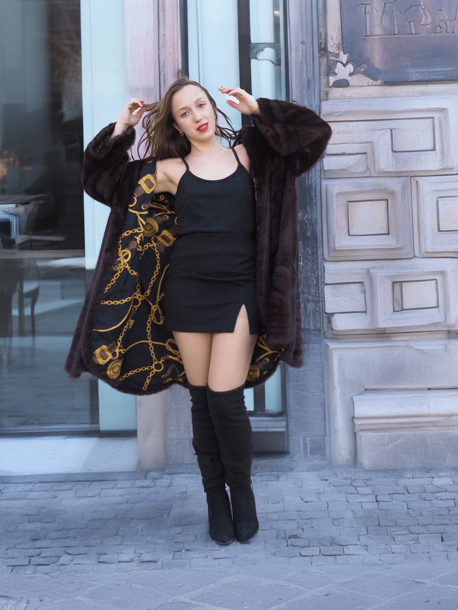 Front view of XL/XXL mahogany mink swing coat with arms open to show lining. Elegant real fur coat for cold-weather fashion.