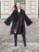 Mahogany Mink Swing Coat with Baroque Lining in XL/XXL, featuring wide bell sleeves and luxurious fur texture, ideal for elegant winter fashion.