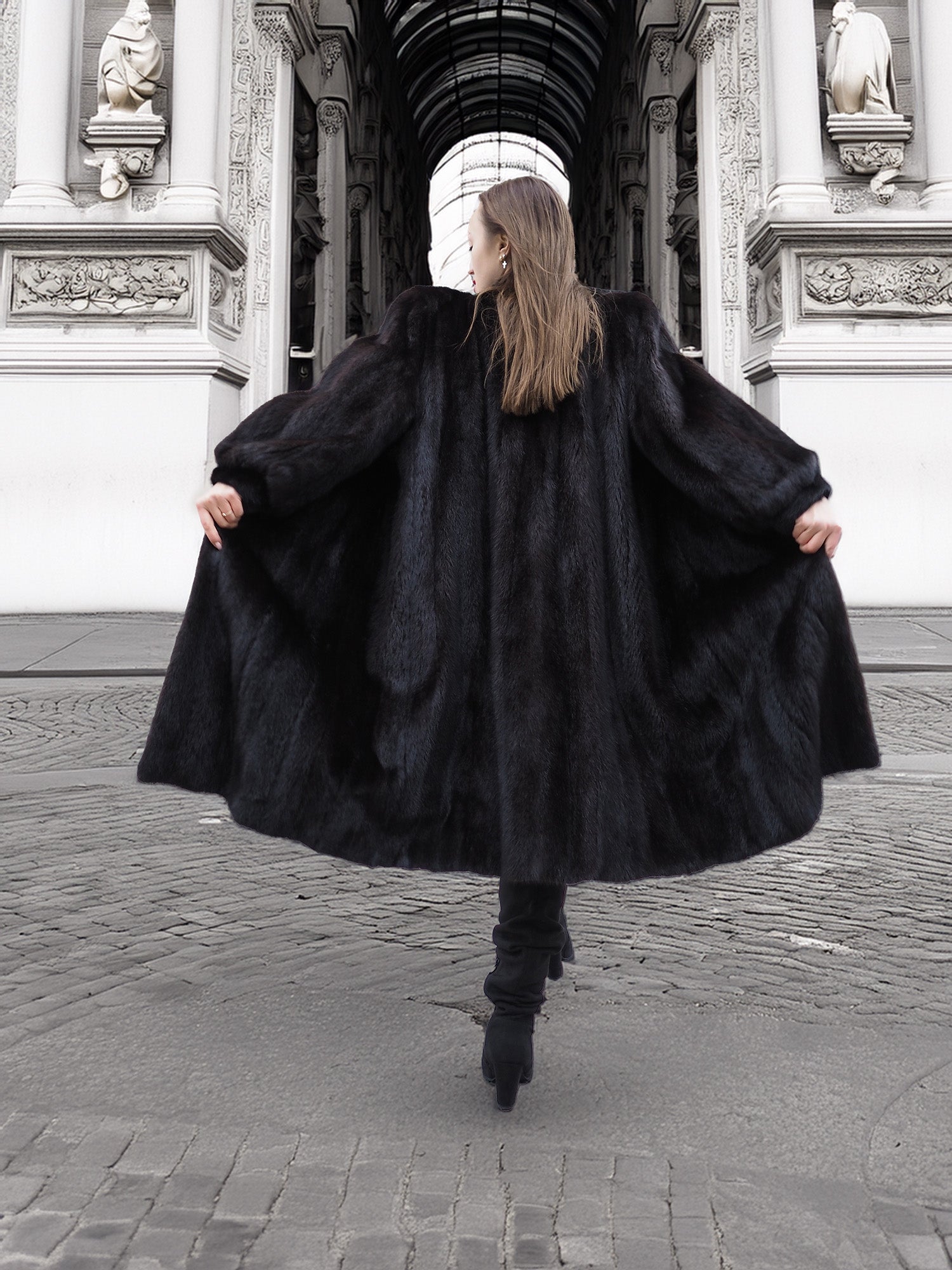 Back view of flowing dark ranch mink fur coat in motion, highlighting natural fur elegance and winter outerwear appeal.