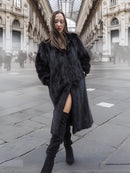 Dark Ranch Black Mink Fur Coat in classic design, full-length with wing collar and side pockets, styled for winter outerwear fashion.