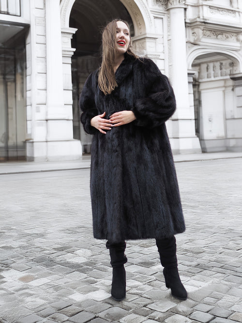 Medium-sized dark ranch mink fur coat with secure hook closure and rich texture, perfect for luxury winter outerwear collections.
