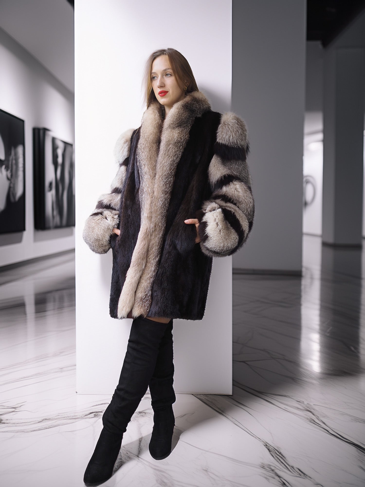 Woman wearing a fur coat in an art gallery setting
