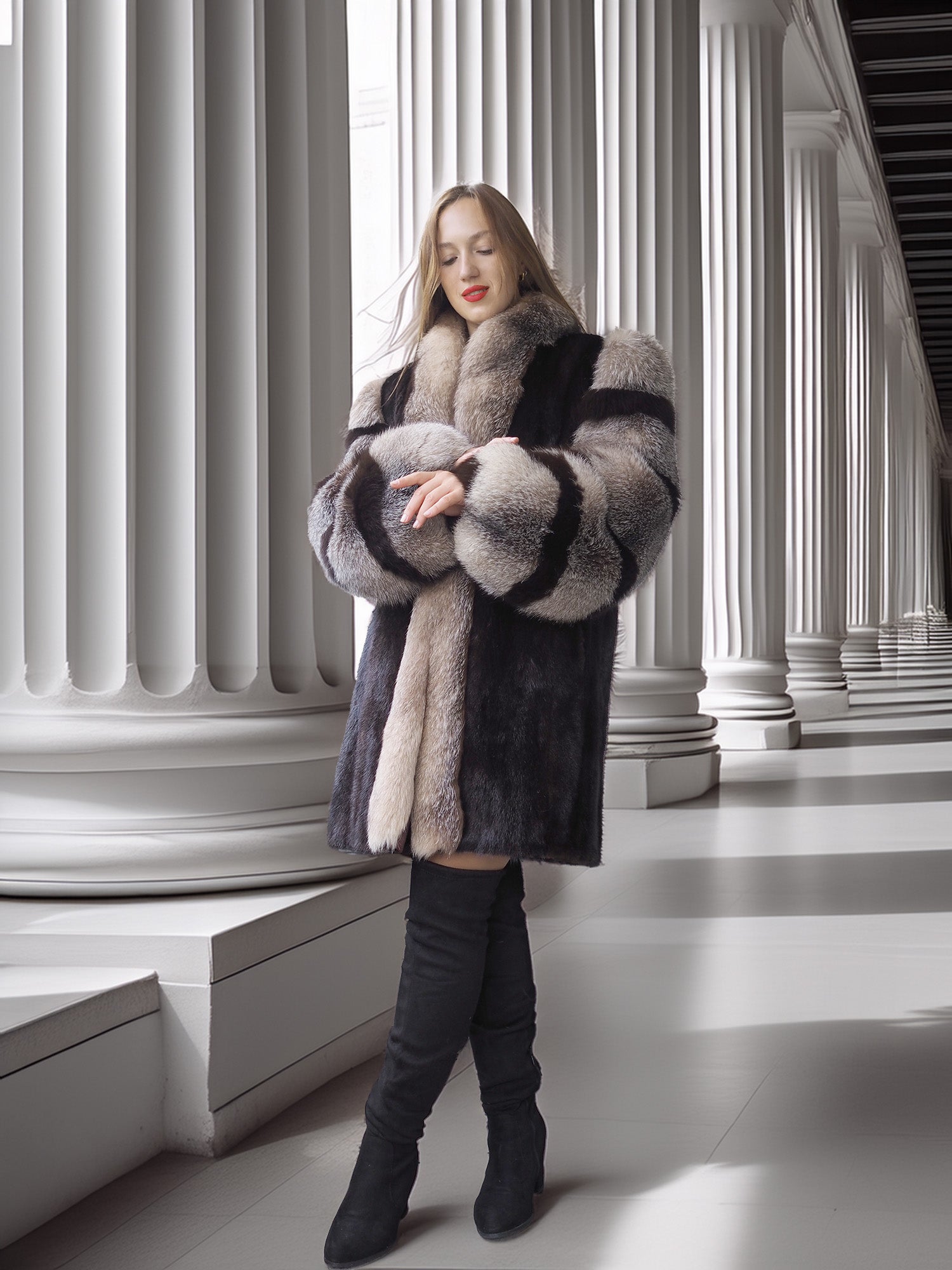 Woman wearing a patterned fur coat in a classical architecture setting