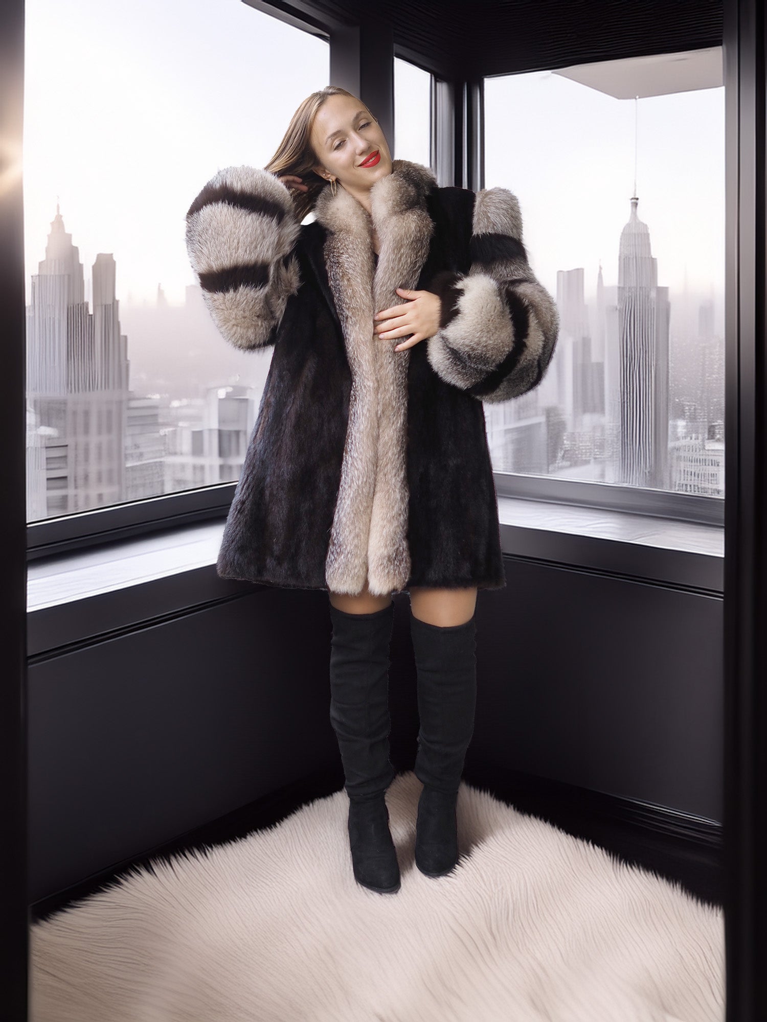 Woman in a fur coat and knee-high boots standing in front of a cityscape window.