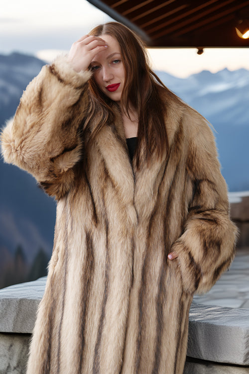 Ivory raccoon fur coat, close-up front, plush hoodless collar and pocket seam