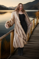 Ivory platinum raccoon coat with plush texture, long swing silhouette
