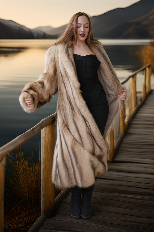 Ivory platinum raccoon coat with plush texture, long swing silhouette