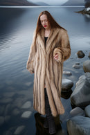 Ivory raccoon fur coat, front view, open middle and long vertical fur texture