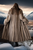 Ivory raccoon fur coat, back view, long vertical fur stripes and flared sleeves