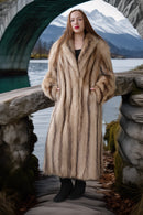 Ivory platinum raccoon coat, long silhouette, standing front with raised collar