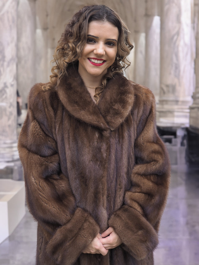 Luxurious Brown Demi Buff Canadian Mink Fur Coat 80" Sweep L