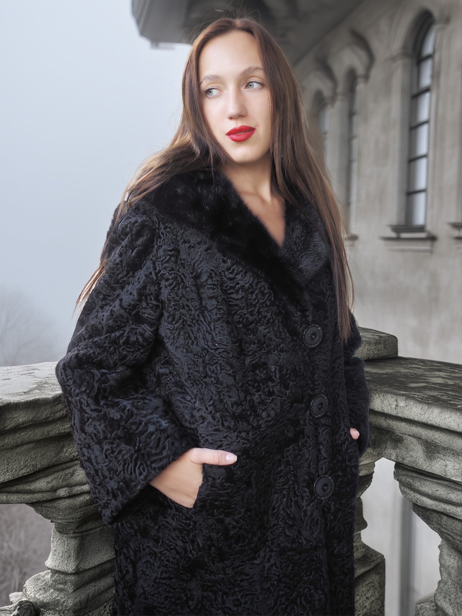 "The Black Mirage" – Lamb Swakara Coat with Mink Fur Collar S/M