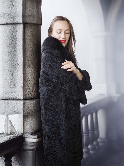 "The Black Mirage" – Lamb Swakara Coat with Mink Fur Collar S/M