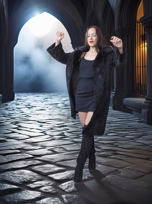 "The Black Mirage" – Lamb Swakara Coat with Mink Fur Collar S/M