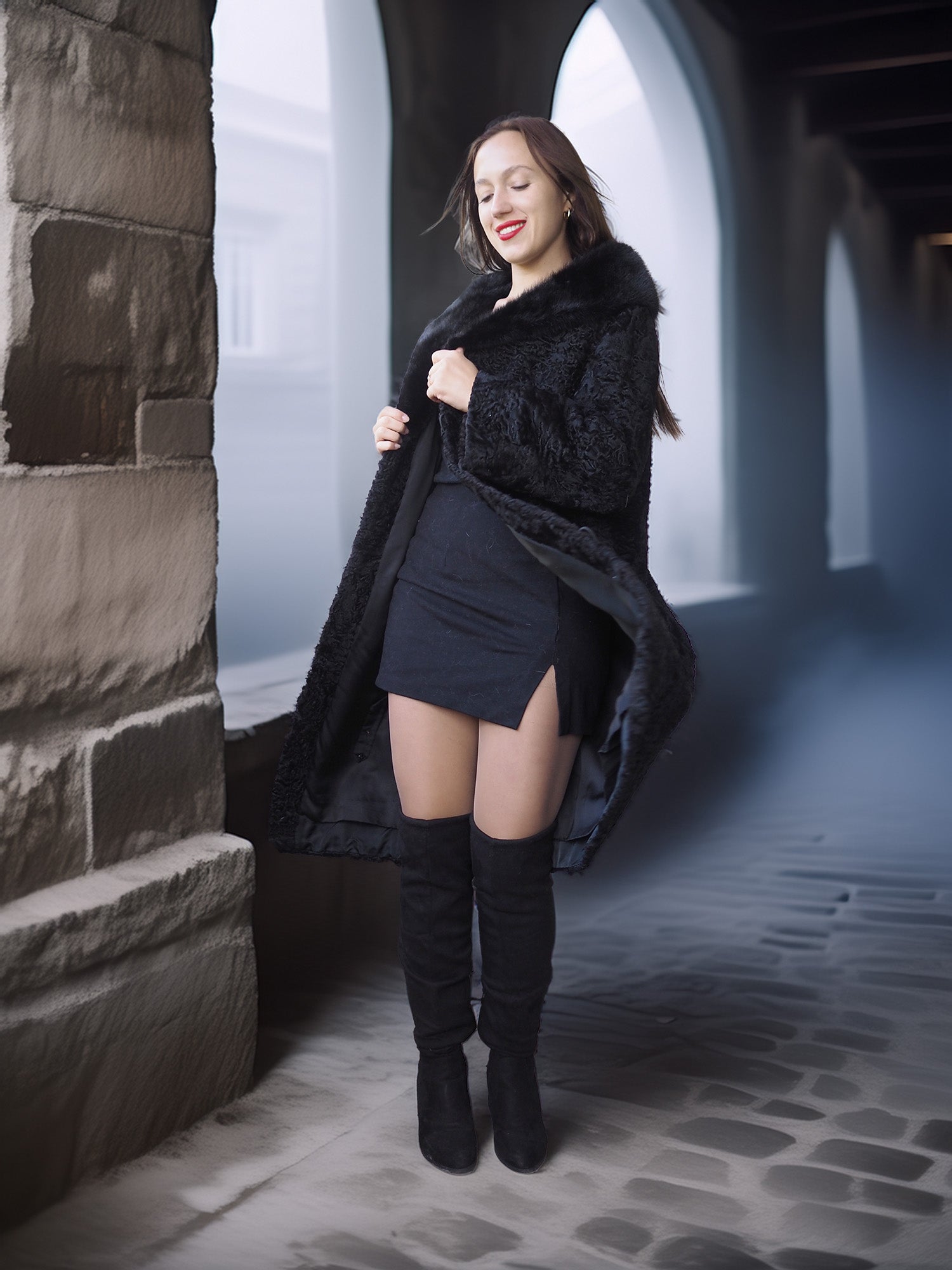 "The Black Mirage" – Lamb Swakara Coat with Mink Fur Collar S/M