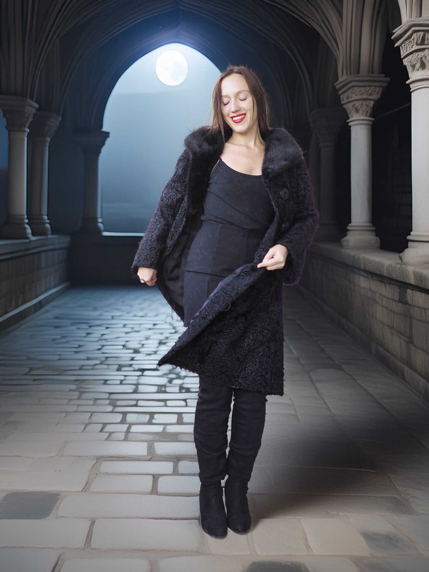 "The Black Mirage" – Lamb Swakara Coat with Mink Fur Collar S/M