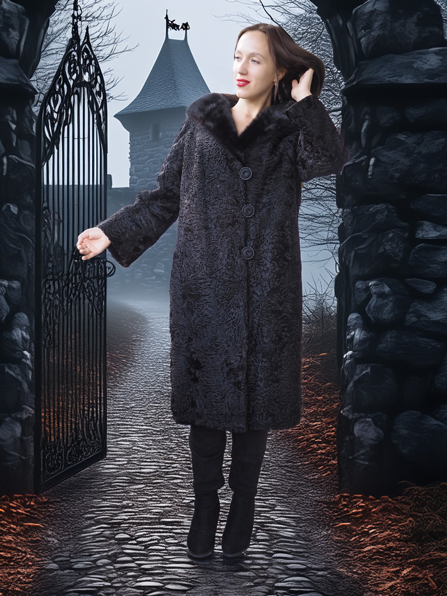 "The Black Mirage" – Lamb Swakara Coat with Mink Fur Collar S/M