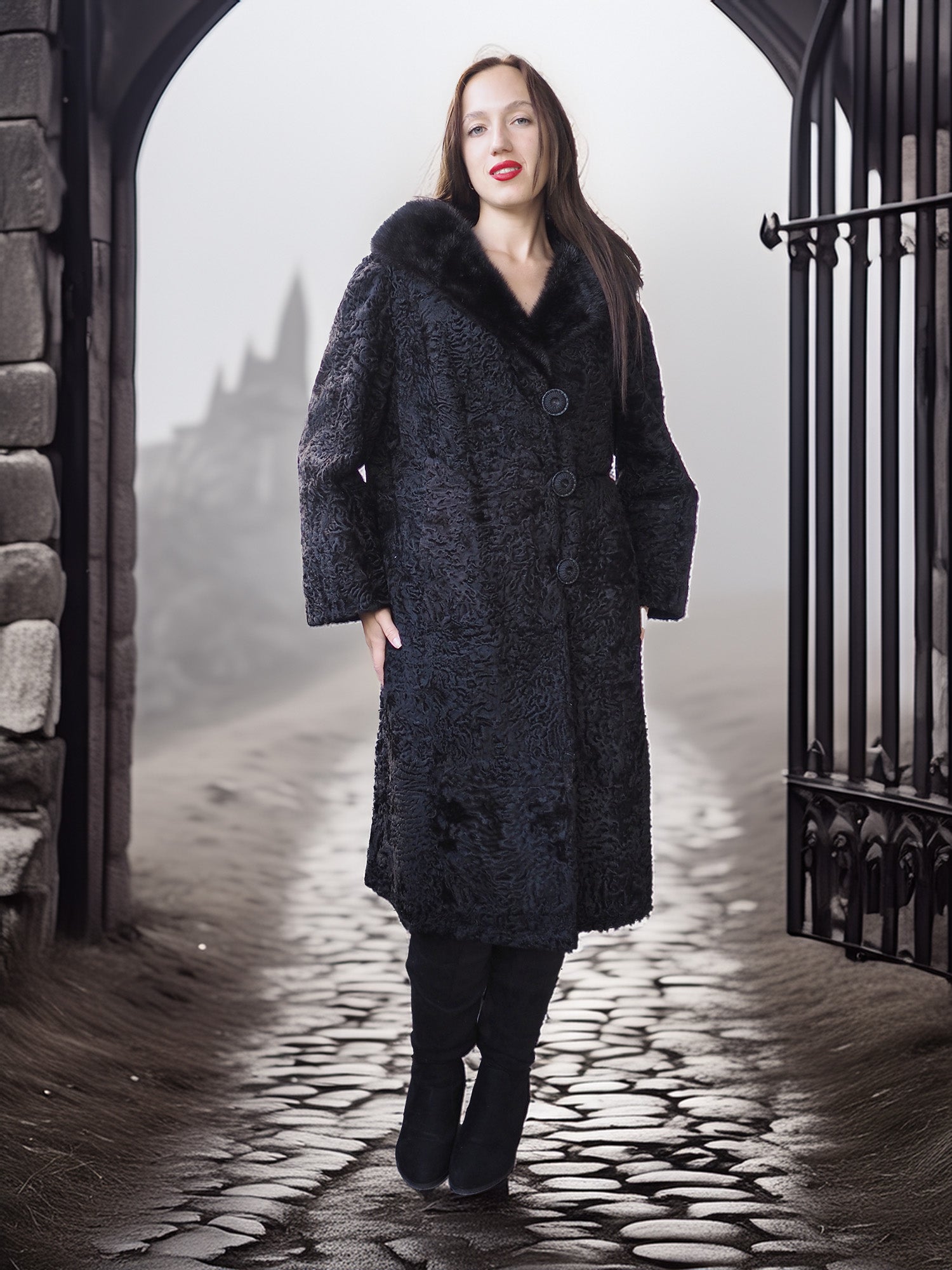 "The Black Mirage" – Lamb Swakara Coat with Mink Fur Collar S/M