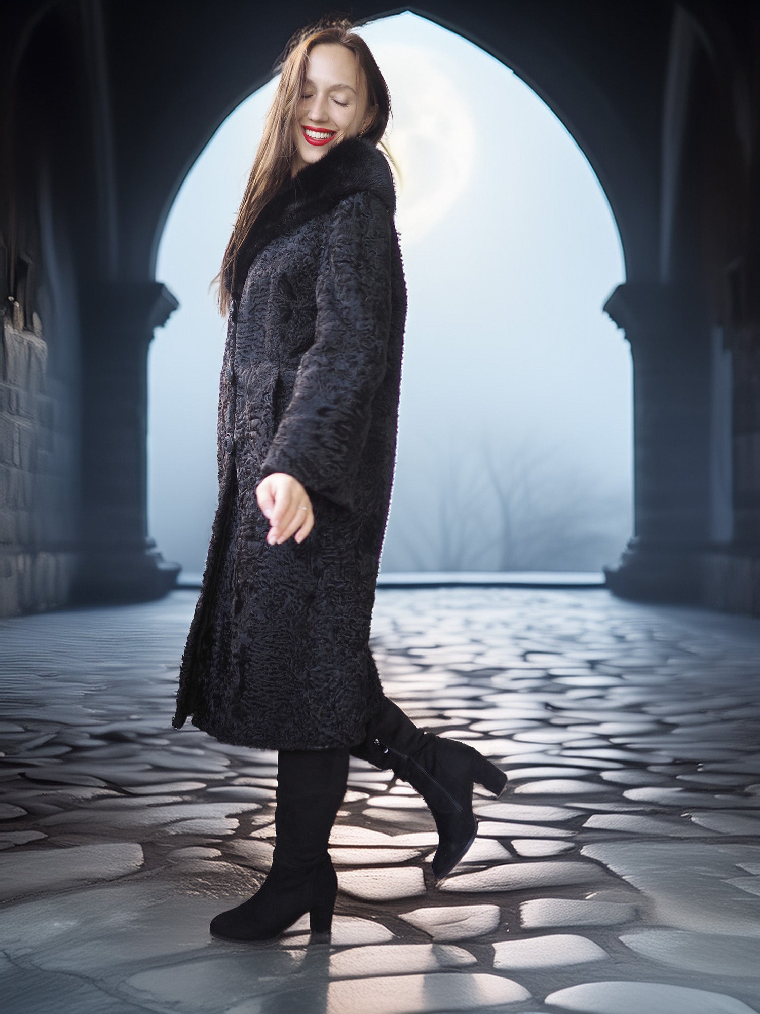"The Black Mirage" – Lamb Swakara Coat with Mink Fur Collar S/M