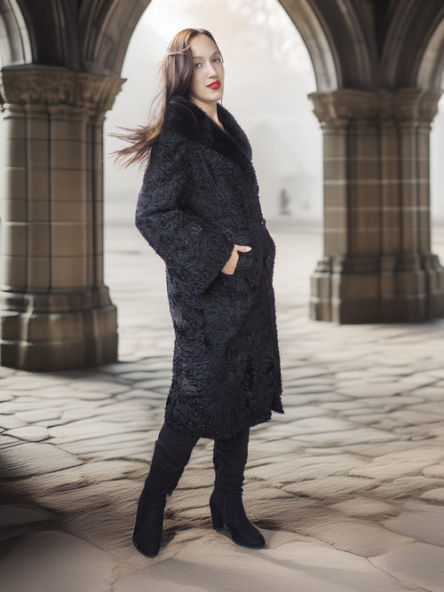 "The Black Mirage" – Lamb Swakara Coat with Mink Fur Collar S/M