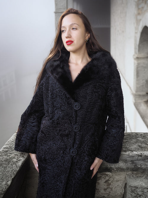 "The Black Mirage" – Lamb Swakara Coat with Mink Fur Collar S/M