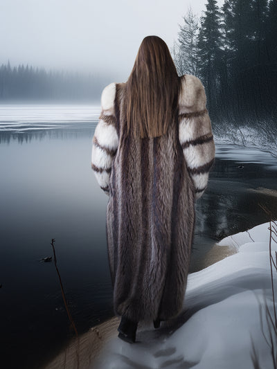 Person wearing a fur coat standing on a snow-covered bank with a lake and trees in the background